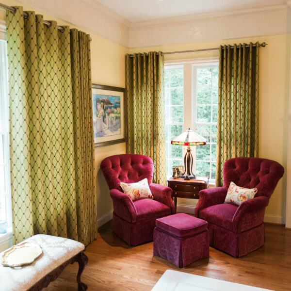 Living room with green curtains