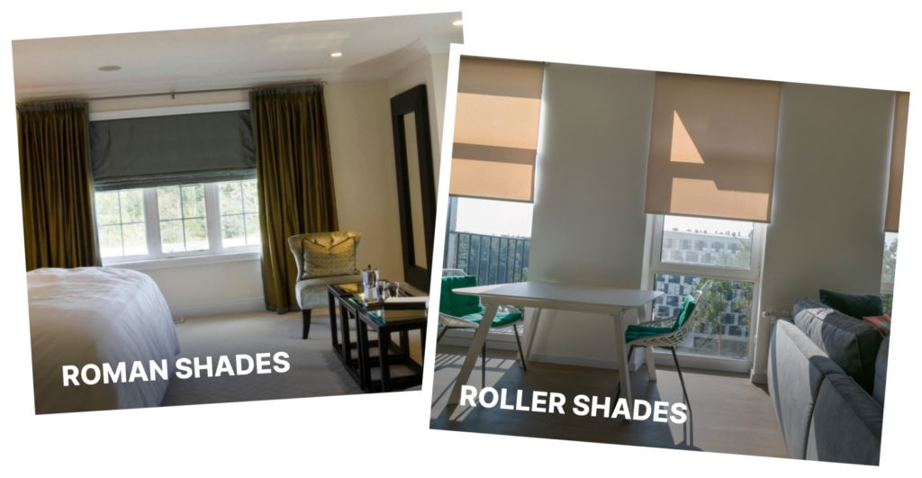 Home Interior Comparison: Roman Shades vs. Roller Shades - Left image showcasing elegant Roman shades, right image featuring versatile roller shades for different window styles.