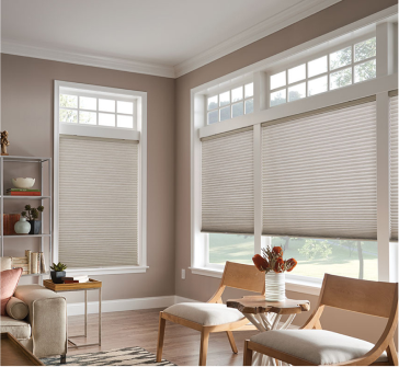 Living room with cellular shades that provide insulation, energy efficiency, and a clean modern look