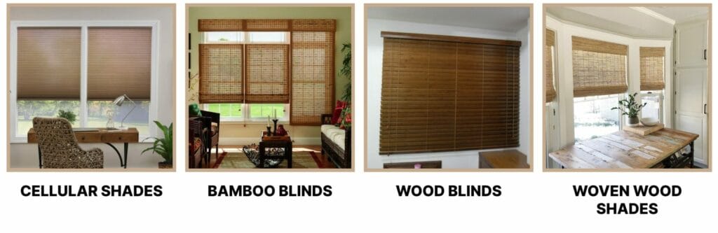 A collection of popular eco-friendly blind options includes: Cellular Shades with air pockets for superior energy efficiency, available in recycled polyester and natural woven fabrics; Bamboo Blinds made from a rapidly growing renewable resource, offering a natural look and moisture resistance; Wood Blinds from well-managed forests with non-toxic finishes, providing classic style and excellent light filtering; Woven Wood Shades made from natural materials like bamboo, reeds, or grasses, adding texture and soft light filtering; and Recycled Content Blinds made from materials such as plastic bottles or wood scraps, offering sustainable style and quality.