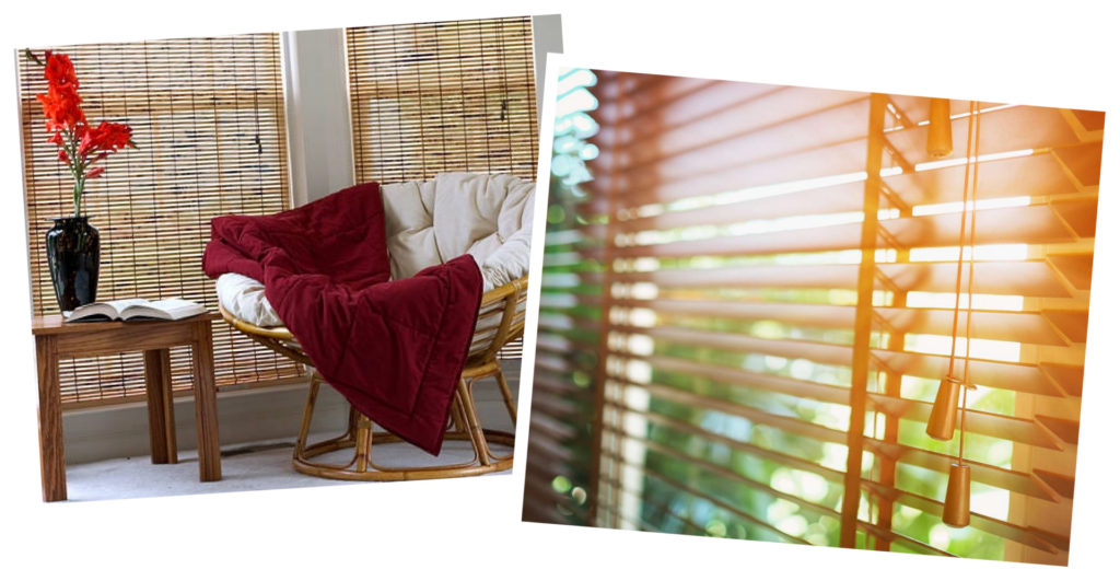 A stylish room featuring bamboo blinds, which add a natural, warm aesthetic to the space. The blinds' rich, earthy tones complement the décor while allowing soft, filtered light to create a cozy and inviting ambiance.