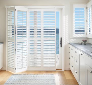 Close-up of light-filtering shutter shades with a dual-layer design providing both privacy and soft daylight control