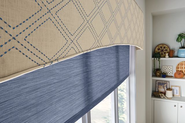 Roller shades with a patterned valance in a modern room for both style and function