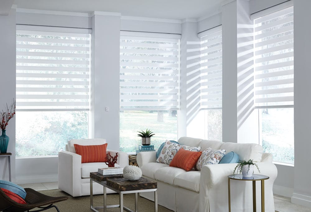 Sheer horizontal shades softly filtering daylight in a bright living room