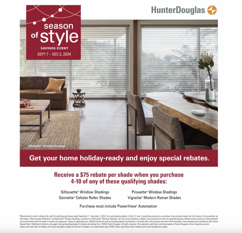 Hunter Douglas 'Season of Style' savings event promotion showcasing a modern living room with Silhouette window shadings and rebate offers on select shades.